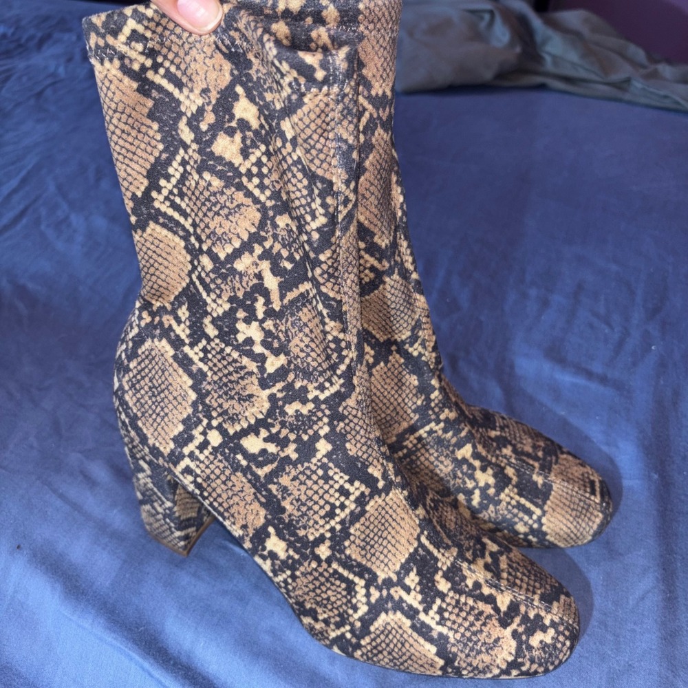 H&M Snakeskin Print Sock Boots Brown Tan Black Block Heel Ankle Booties US 8